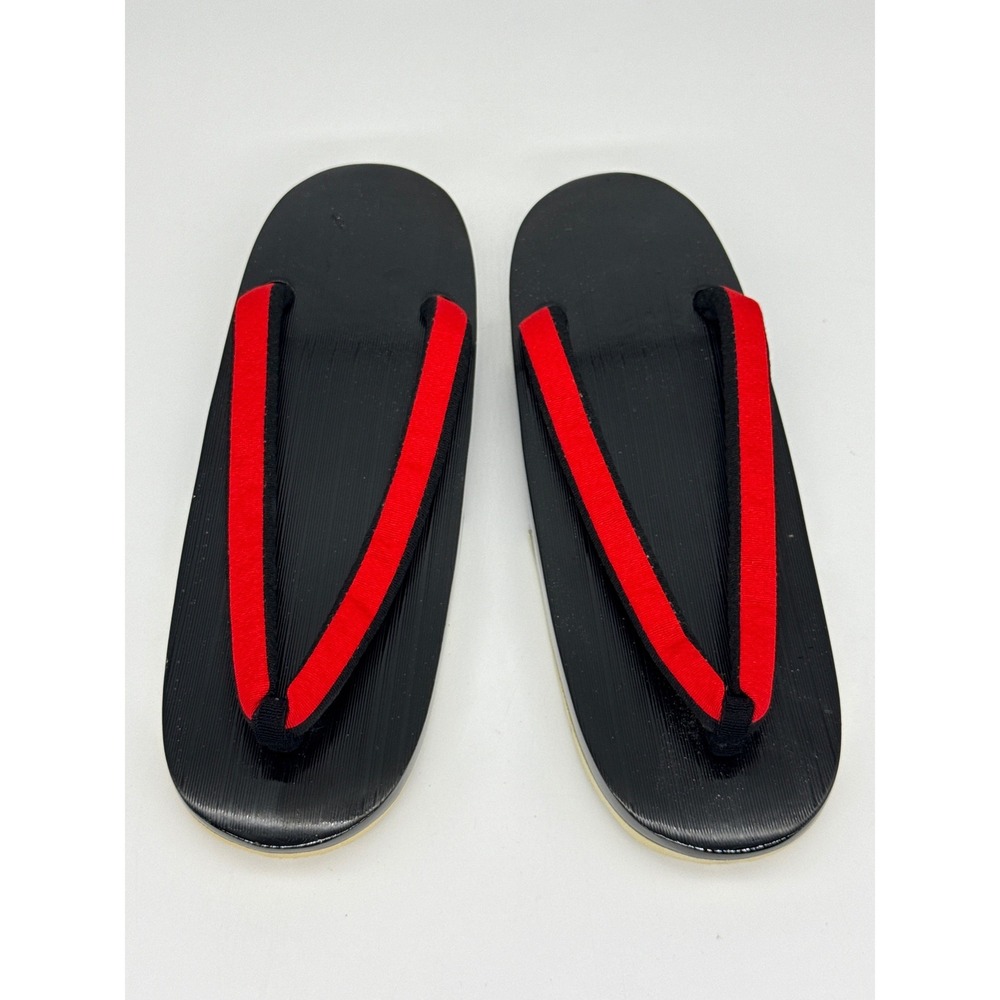 Traditional Japanese Geta Sandals Black Lacquered‎ Wood Red Straps 9.5 Inch